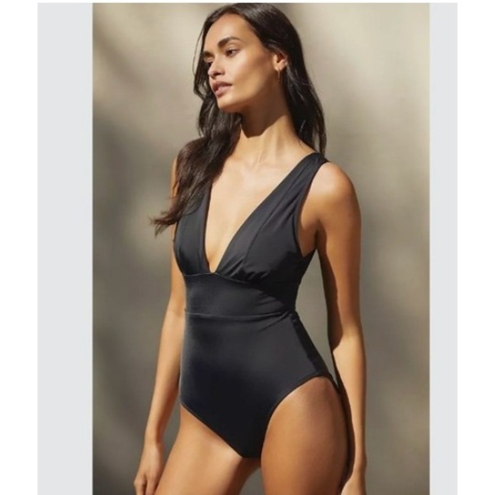 Andie Swim Mykonos One Piece Swimsuit Black Deep V-Neck Wide‎ Band XLT